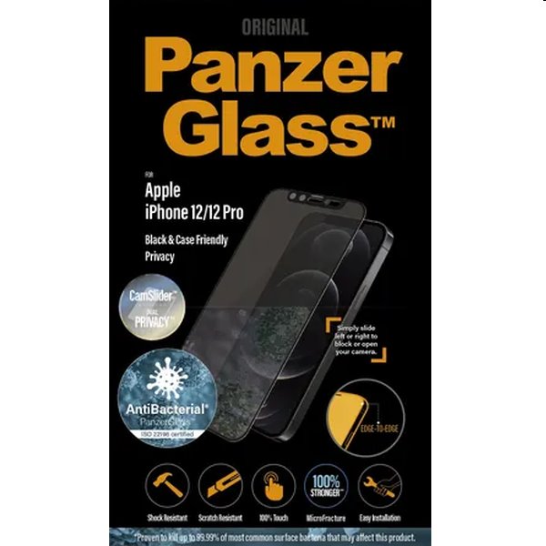 Ochranné temperované sklo PanzerGlass CamSlider AB s privátnym filtrom pre Apple iPhone 12, 12 Pro, čierna P2714