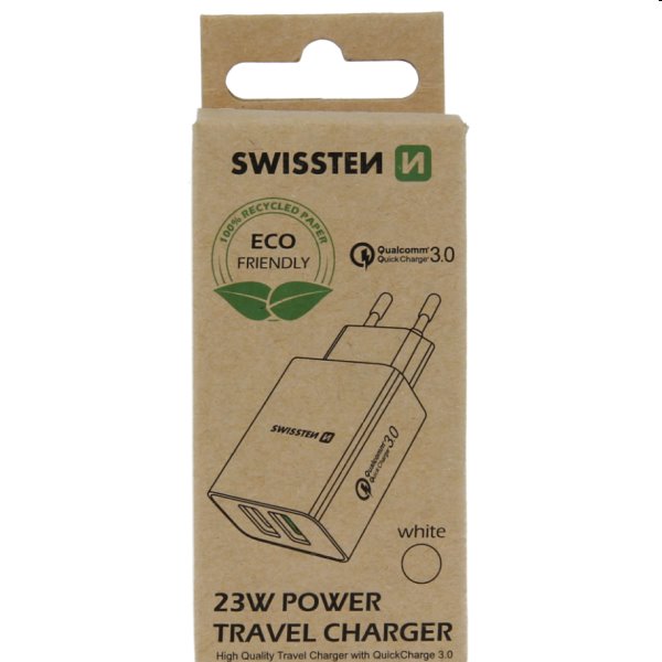 Nabíjačka Swissten 2 x USB QC 3.0 a USB 23 W, biela, eco balenie 22060100ECO