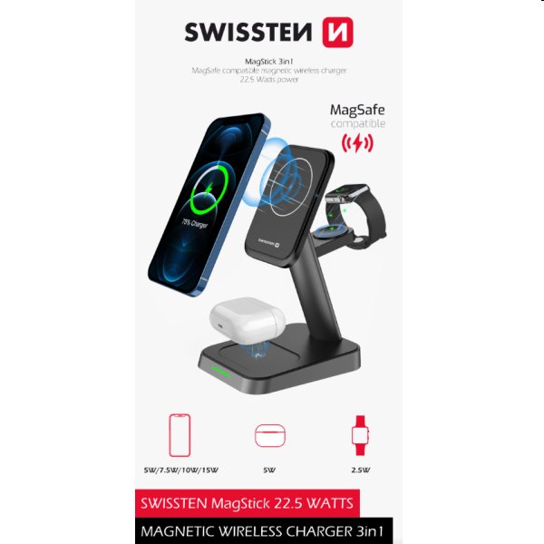 Swissten MagStick bezdrôtová nabíjačka 3 v 1 22,5W, čierna 22055508
