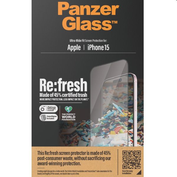 Ochranné sklo PanzerGlass Re:fresh UWF s aplikátorom pre Apple iPhone 15, čierna