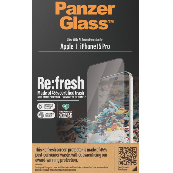 Ochranné sklo PanzerGlass Re:fresh UWF s aplikátorom pre Apple iPhone 15 Pro, čierna