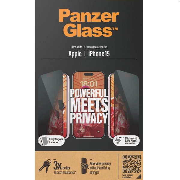 Ochranné sklo PanzerGlass UWF Privacy s aplikátorom pre Apple iPhone 15, čierna P2809