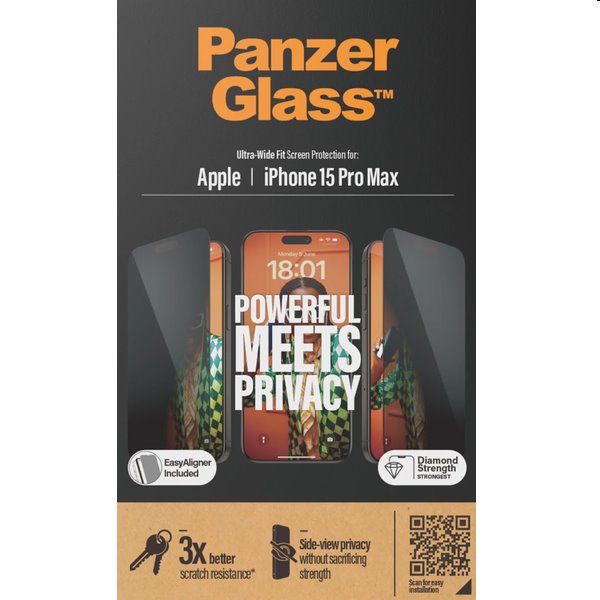 Ochranné sklo PanzerGlass UWF Privacy s aplikátorom pre Apple iPhone 15 Pro Max, čierna
