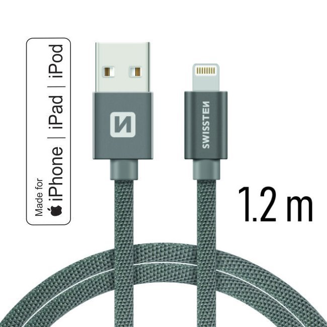 Dátový kábel Swissten textilný s certifikáciou MFI, Lightning konektorom a podporou rýchlonabíjania, sivý 71524202
