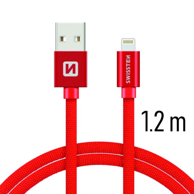 Dátový kábel Swissten textilný s Lightning konektorom a podporou rýchlonabíjania, červený 71523206