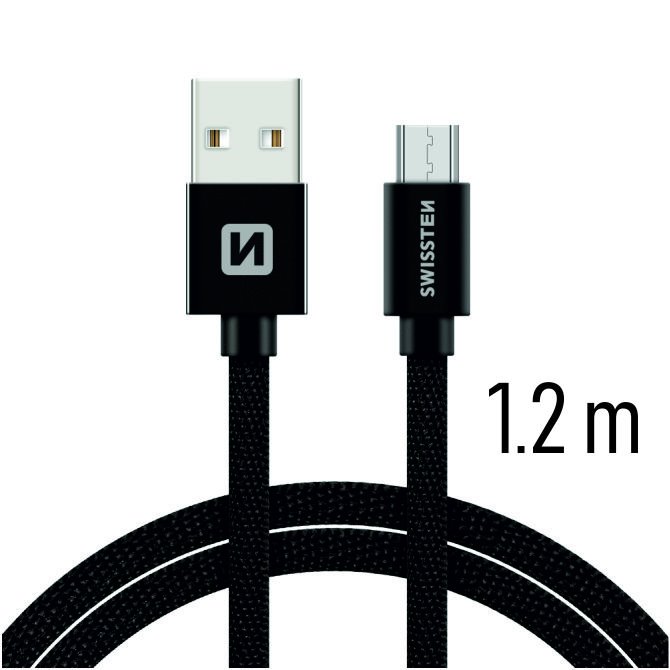 Dátový kábel Swissten textilný s Micro-USB konektorom a podporou rýchlonabíjania, čierny 71522201