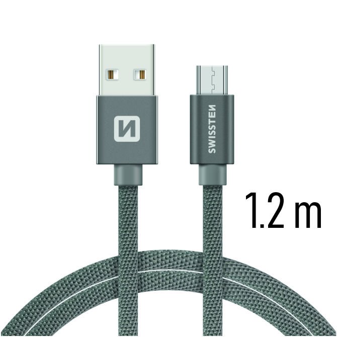 Dátový kábel Swissten textilný s Micro-USB konektorom a podporou rýchlonabíjania, sivý 71522202