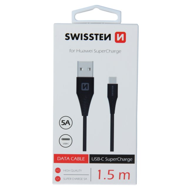 Dátový kábel Swissten USB  USB-C 1,5 M a s podporou super rýchlonabíjania 5A, čierny 71504430