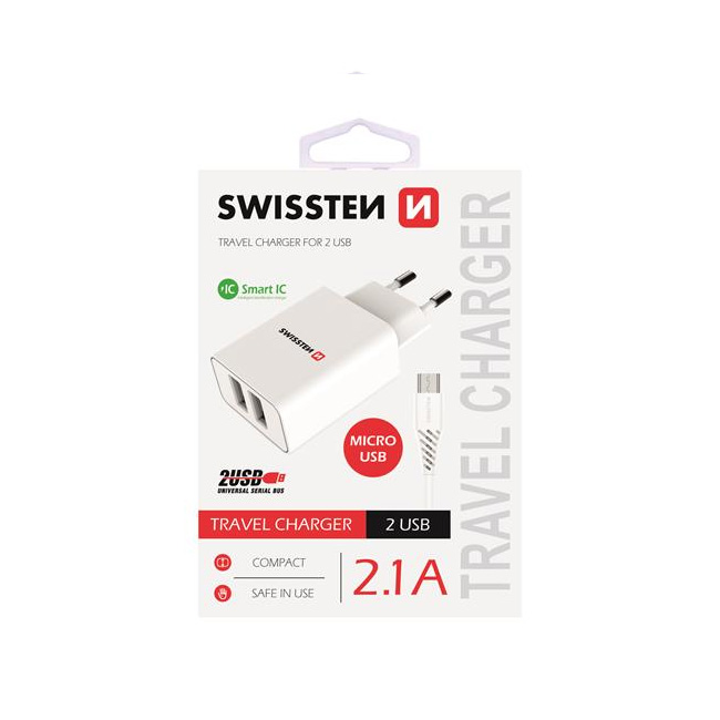 Nabíjačka Swissten Smart IC 2.1A s 2 USB konektormi a dátovým káblom USBMicro USB, 1,2 m, biela 22051000