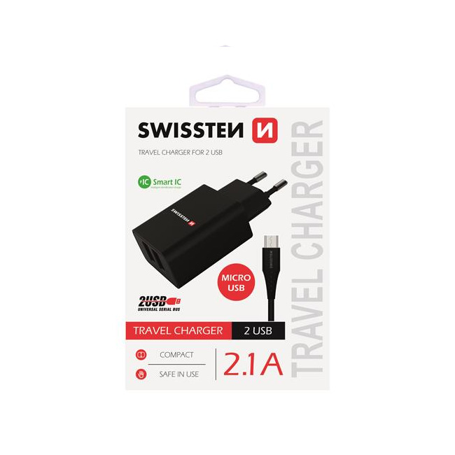 Nabíjačka Swissten Smart IC 2.1A s 2 USB konektormi a dátovým káblom USBMicro USB, 1,2 m, čierna 22052000