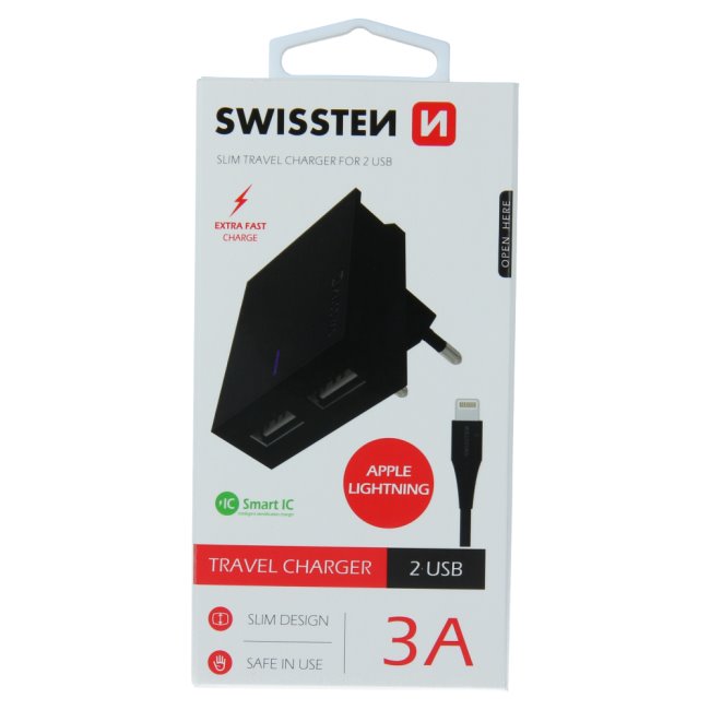 Rýchlonabíjačka Swissten Smart IC 3.A s 2 USB konektormi a dátový kábel USB  Lightning 1,2 m, čierna 22048000