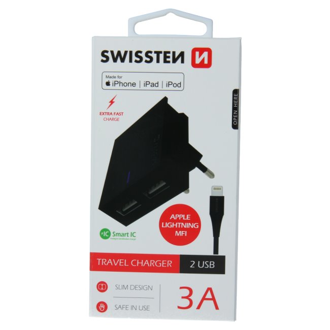 Rýchlonabíjačka Swissten Smart IC 3.A s 2 USB konektormi a dátový kábel USB  Lightning MFi 1,2 m, čierna 22046000