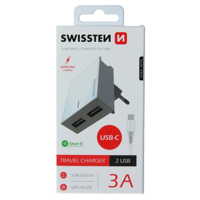 Rýchlonabíjačka Swissten Smart IC 3.A s 2 USB konektormi a dátový kábel USB  USB-C 1,2 m, biela 22043000