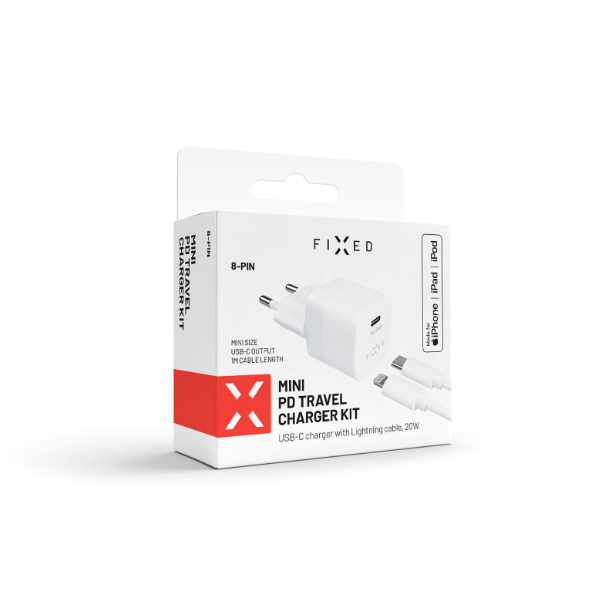 FIXED Mini nabíjacia súprava s USB-C výstupom a USB-C/Lightning, PD, MFI, 1 m, 20 W, biela