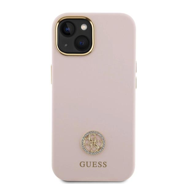 Zadný kryt Guess Liquid Silicone 4G Strass Metal Logo pre iPhone 15, ružová