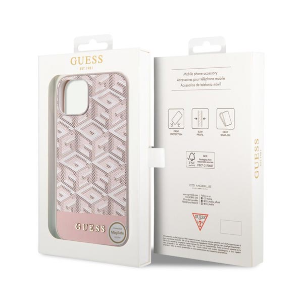 Zadný kryt Guess PU G Cube MagSafe pre iPhone 15, ružová