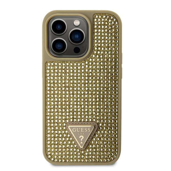 Zadný kryt Guess Rhinestones Triangle Metal Logo pre iPhone 15 Pro Max, zlatá