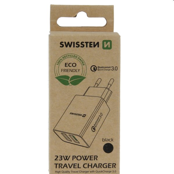 Nabíjačka Swissten 2 x USB QC 3.0 a USB 23 W, čierna