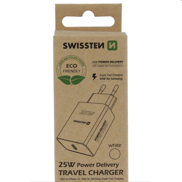 Nabíjačka Swissten pre iPhone a Samsung 25 W, biela, eco balenie Nabíjačka Swissten pre iPhone a Samsung 25 W, biela, eco balenie