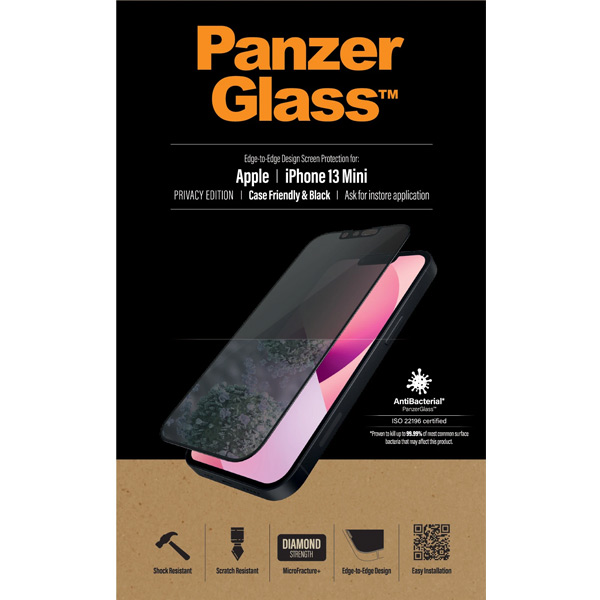 Ochranné temperované sklo PanzerGlass Case Friendly AB s privátnym filtrom pre Apple iPhone 13 Mini, čierne PROP2744