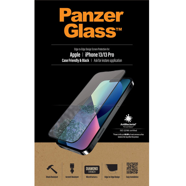 Ochranné temperované sklo PanzerGlass Case Friendly pre Apple iPhone 13/13 Pro, čierne PRO2745