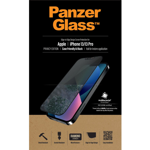 Ochranné temperované sklo PanzerGlass Case Friendly AB s privátnym filtrom pre Apple iPhone 13/13 Pro, čierne PROP2745
