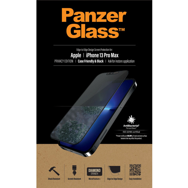 Ochranné temperované sklo PanzerGlass Case Friendly AB s privátnym filtrom pre Apple iPhone 13 Pro Max, čierne
