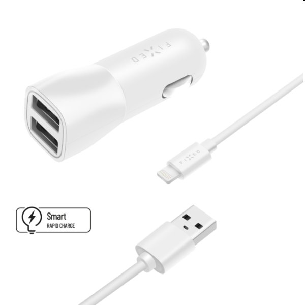 FIXED Autonabíjačka Smart Rapid Charge 2 x USB s káblom USB/Lightning MFI 1 m, 15 W, biela
