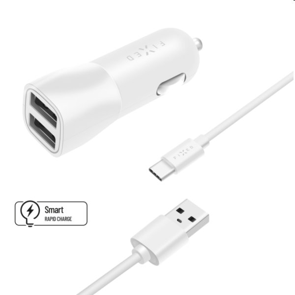 FIXED Autonabíjačka Smart Rapid Charge 2x USB s káblom USB/USB-C 1m, 15 W, biela