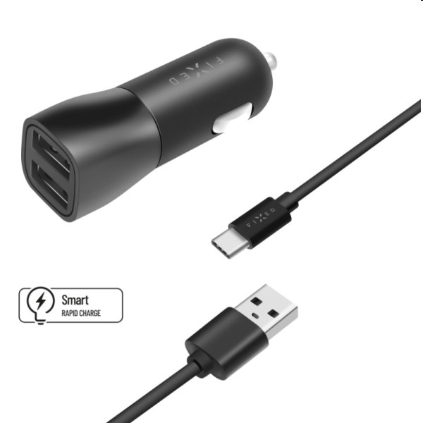 FIXED Autonabíjačka Smart Rapid Charge 2 x USB s káblom USB/USB-C 1 m, 15 W, čierna