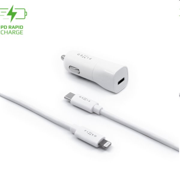FIXED Autonabíjačka USB-C s káblom USB-C/Lightning MFI, PD, 1 m, 18 W, biela FIXED Autonabíjačka USB-C s káblom USB-C/Lightning MFI, PD, 1 m, 18 W, biela