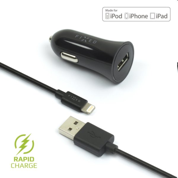 FIXED Autonabíjačka USB s káblom USB/Lightning MFI, 1m, 12 W, čierna FIXCC-UL-BK