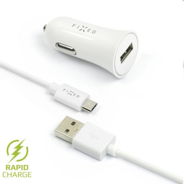 FIXED Autonabíjačka USB s káblom USB/micro USB, 1 m, 12 W, biela