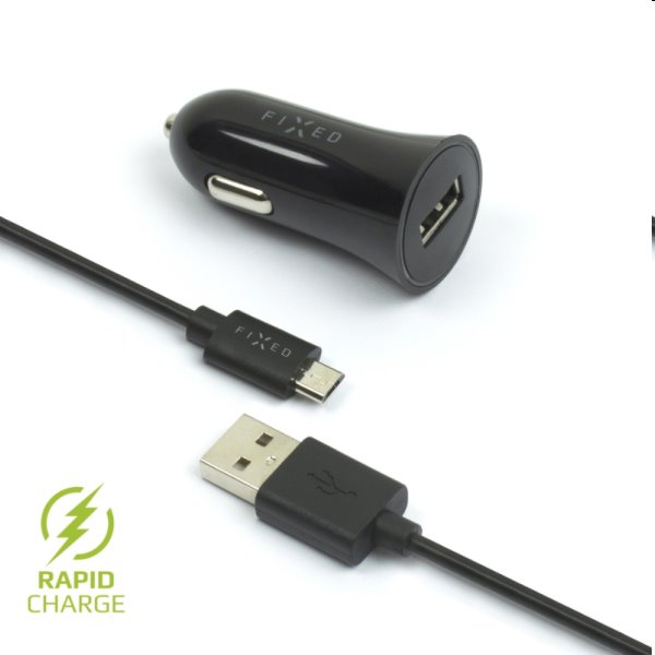 FIXED Autonabíjačka USB s káblom USB/micro USB, 1 m, 12 W, čierna