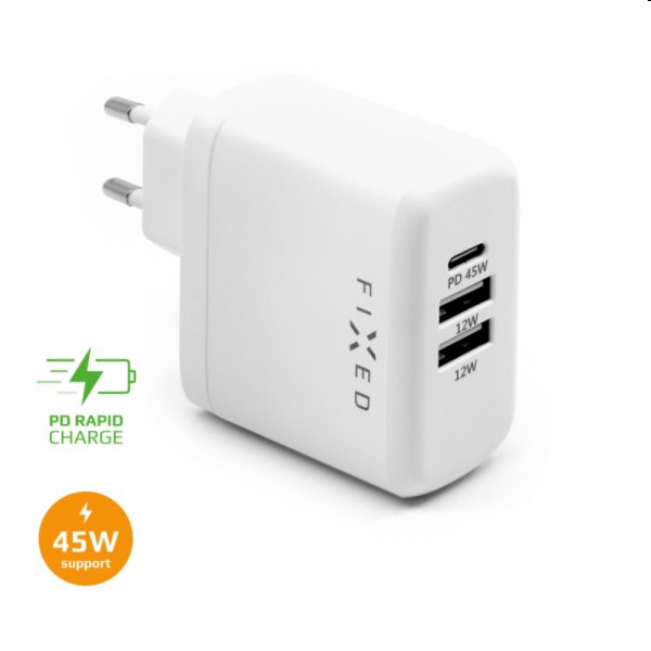 FIXED Sieťová nabíjačka s USB-C/2 x USB, podpora PD, 45 W, biela FIXED Sieťová nabíjačka s USB-C/2 x USB, podpora PD, 45 W, biela