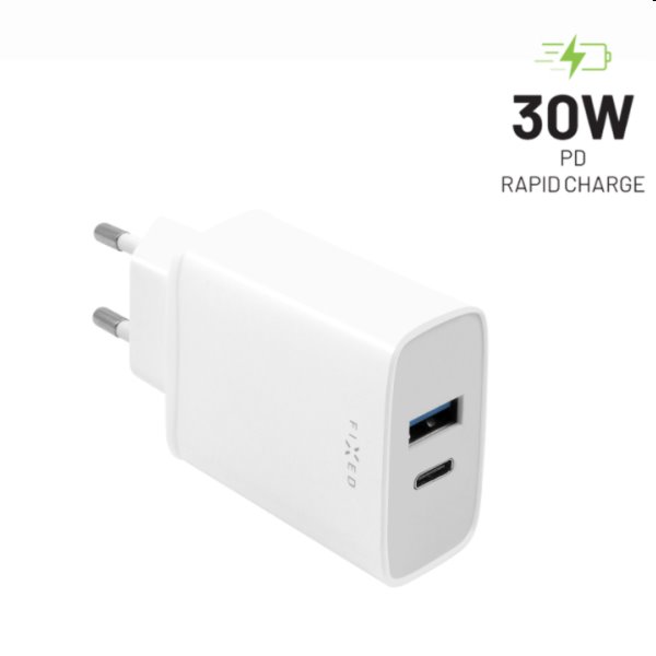 E-shop FIXED Sieťová nabíjačka s USB-CUSB, podpora PD, 30 W, biela FIXC30-CU-WH