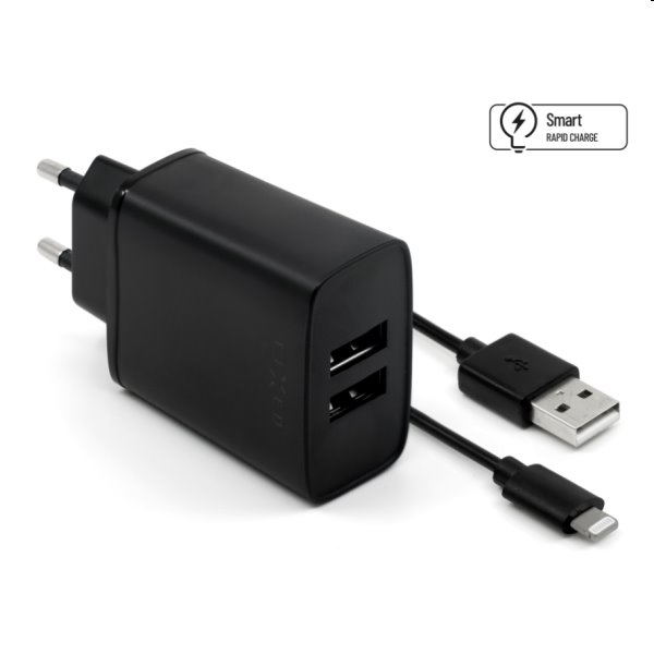 FIXED Sieťová nabíjačka Smart Rapid Charge s 2 x USB 15 W a kábel USB/Lightning MFI 1 m, čierna