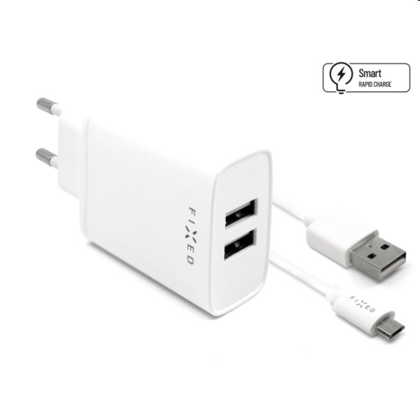 FIXED Sieťová nabíjačka Smart Rapid Charge s 2 x USB 15 W a kábel USB/micro USB 1 m, biela