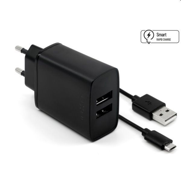 FIXED Sieťová nabíjačka Smart Rapid Charge s 2 x USB 15W + kábel USB/micro USB 1m, čierna