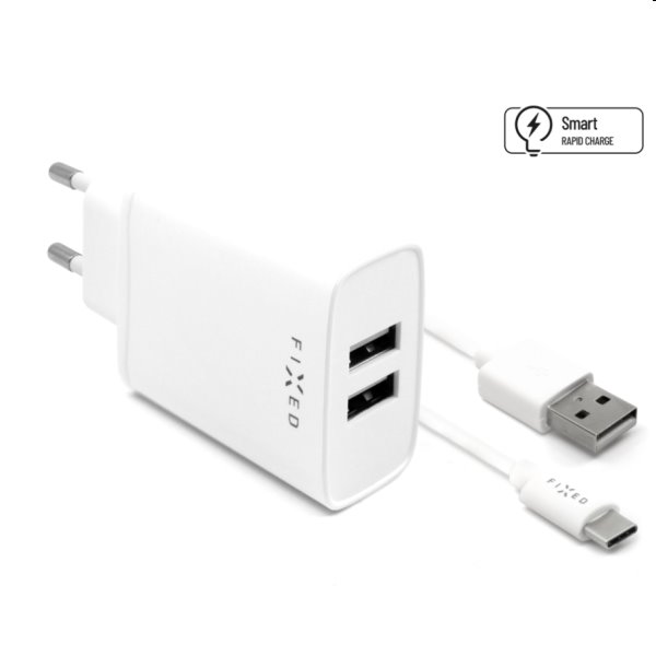 FIXED Sieťová nabíjačka Smart Rapid Charge s 2 x USB, 15 W a kábel USBUSB-C 1m, biela FIXC15-2UC-WH
