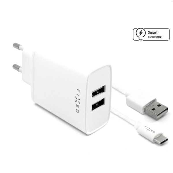 FIXED Sieťová nabíjačka Smart Rapid Charge s 2 x USB, 15 W a kábel USB/USB-C 1m, biela