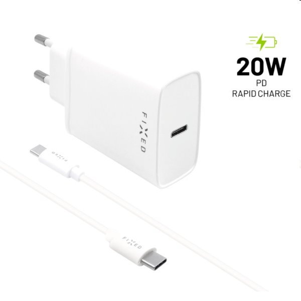 FIXED Sieťová nabíjačka Smart Rapid Charge s 2 x USB PD, 20 W a kábel USB/USB-C 1m, biela