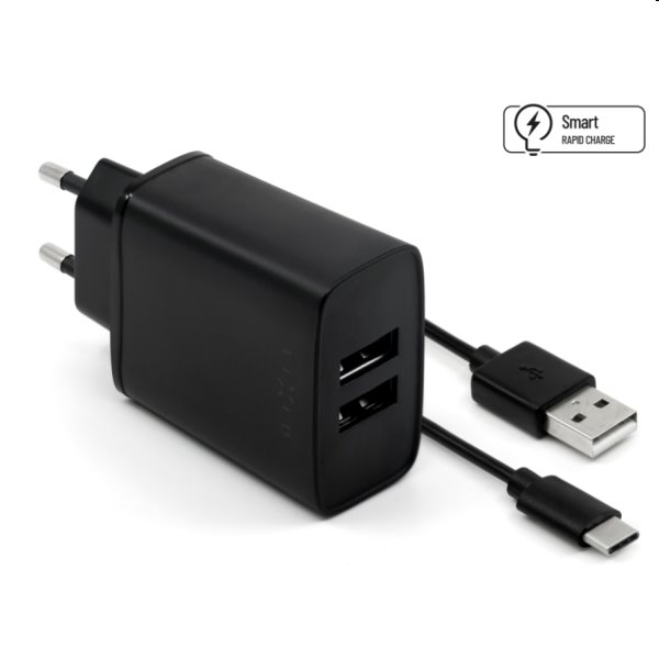 FIXED Sieťová nabíjačka Smart Rapid Charge s 2 x USB, 15 W a kábel USBUSB-C 1m, čierna FIXC15-2UC-BK