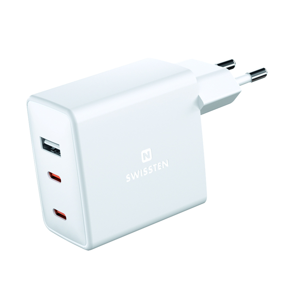 Sieťový Adaptér Swissten GaN 2 x USB-C + 1 x USB 70 W, biely 22054100