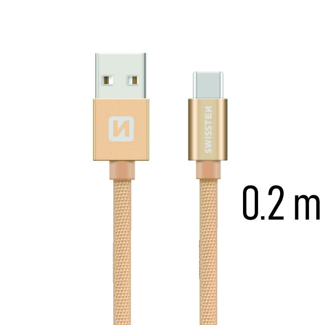 Dátový kábel Swissten textilný s USB-C konektorom a podporou rýchlonabíjania, Gold - OPENBOX (Rozbalený tovar s plnou zárukou)