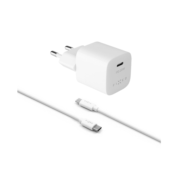 FIXED Mini charger set with USB-C output and USB-C/USB-C cable, PD support, 1 m, 20W, white FIXC20M-CC-WH