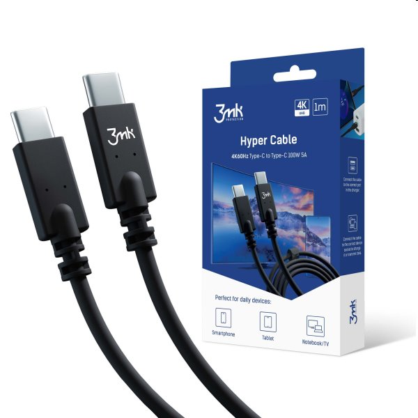 3mk Hyper Cable USB-C/USB-C 1m, 100W, čierny 3mk Hyper Cable USB-C/USB-C 1m, 100W, čierny