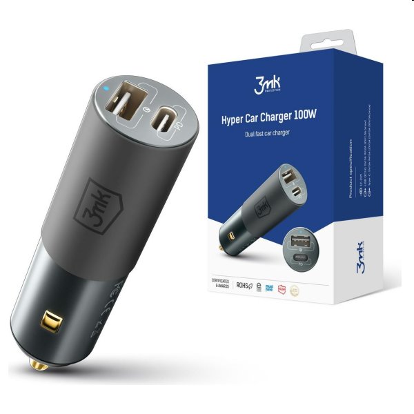 3mk nabíjačka do auta, 100 W, USB-A a USB-C, čierna