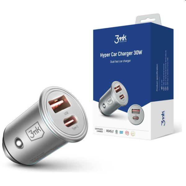 3mk nabíjačka do auta, 30 W, USB-A a USB-C, strieborná 3MK464574