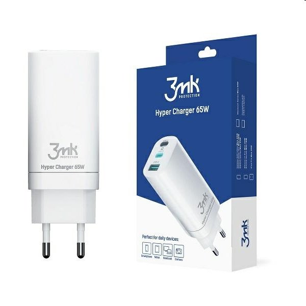 3mk Nabíjačka GaN PD 65W, 2xUSB-C + USB-A, biela 3MK406147